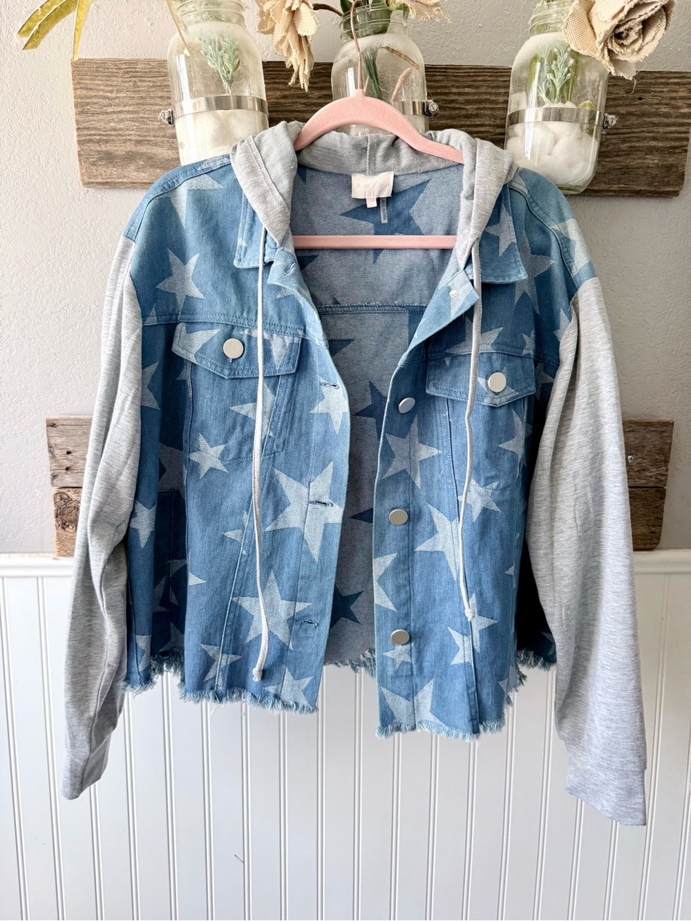 entro Light Blue Star Print Denim Jacket with Gray Hooded Sleeves